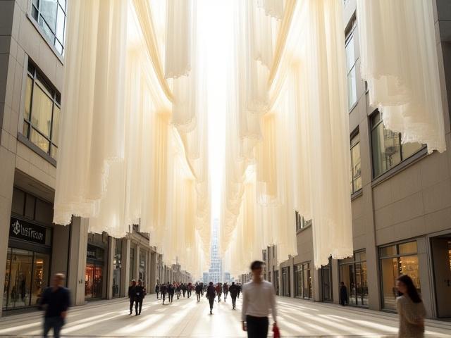 Grande installation textile suspendue dans un espace public, créant un mouvement fluide.