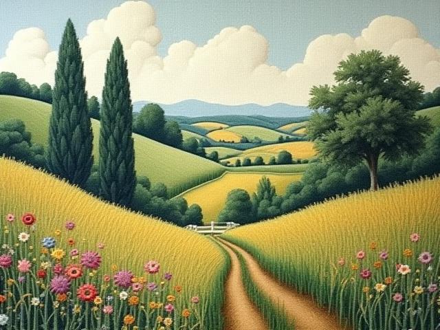 Tapisserie représentant un paysage français bucolique avec des couleurs naturelles.