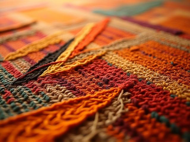 Tapisserie abstraite vibrante avec des motifs géométriques et des couleurs chaudes.